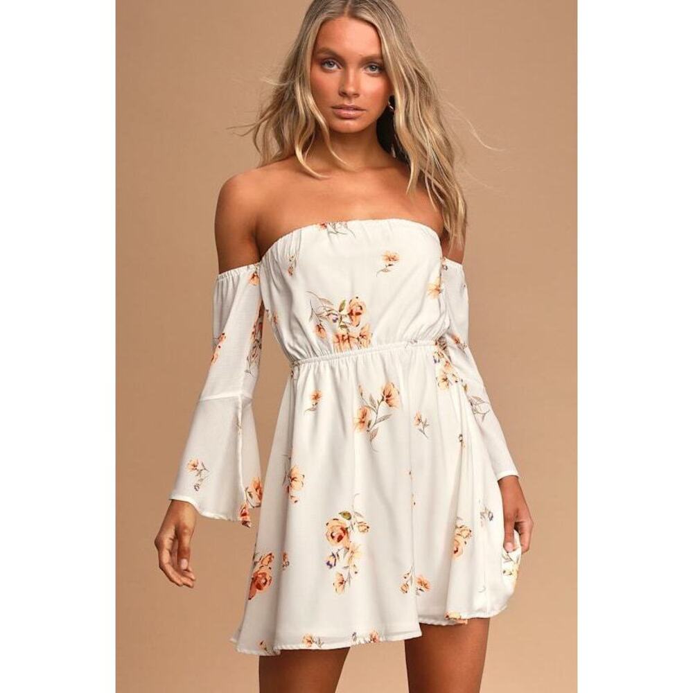 Lulus Lush Gardens Ivory Floral Print Off-the-shoulder Mini Dress White - Size S